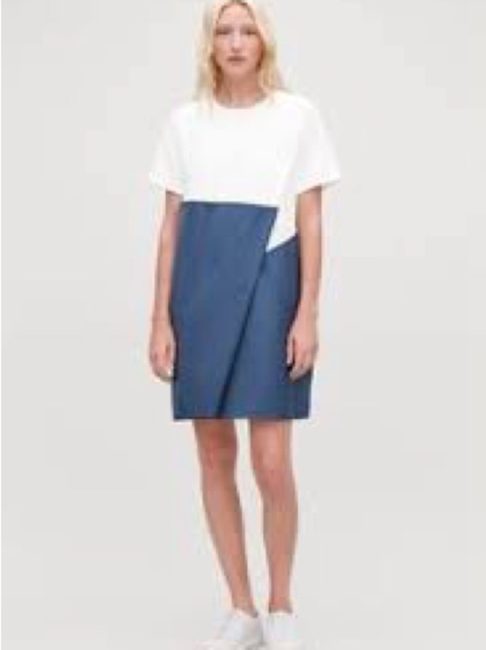 COS White and Navy Colorblock Short Sleeve Midi Dress